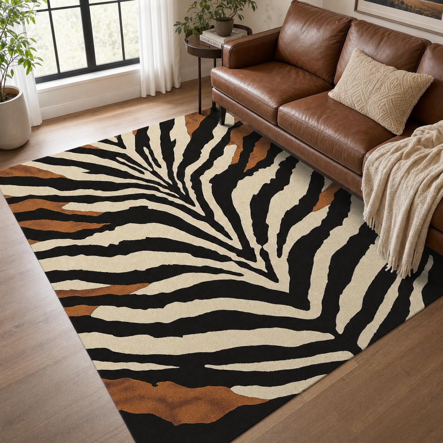 Brown Zebra Print Area Rug Modern Animal Stripes Rugs for Living Room 5×7