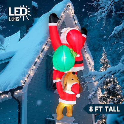 Joiedomi 8 FT Hanging Christmas Inflatables Outdoor Decoration, Blow Up Climbing Santa with Dog, Christmas Blow Up Yard Decorations with Build-in LED for Xmas Party, Garden, Lawn, Roof Decor