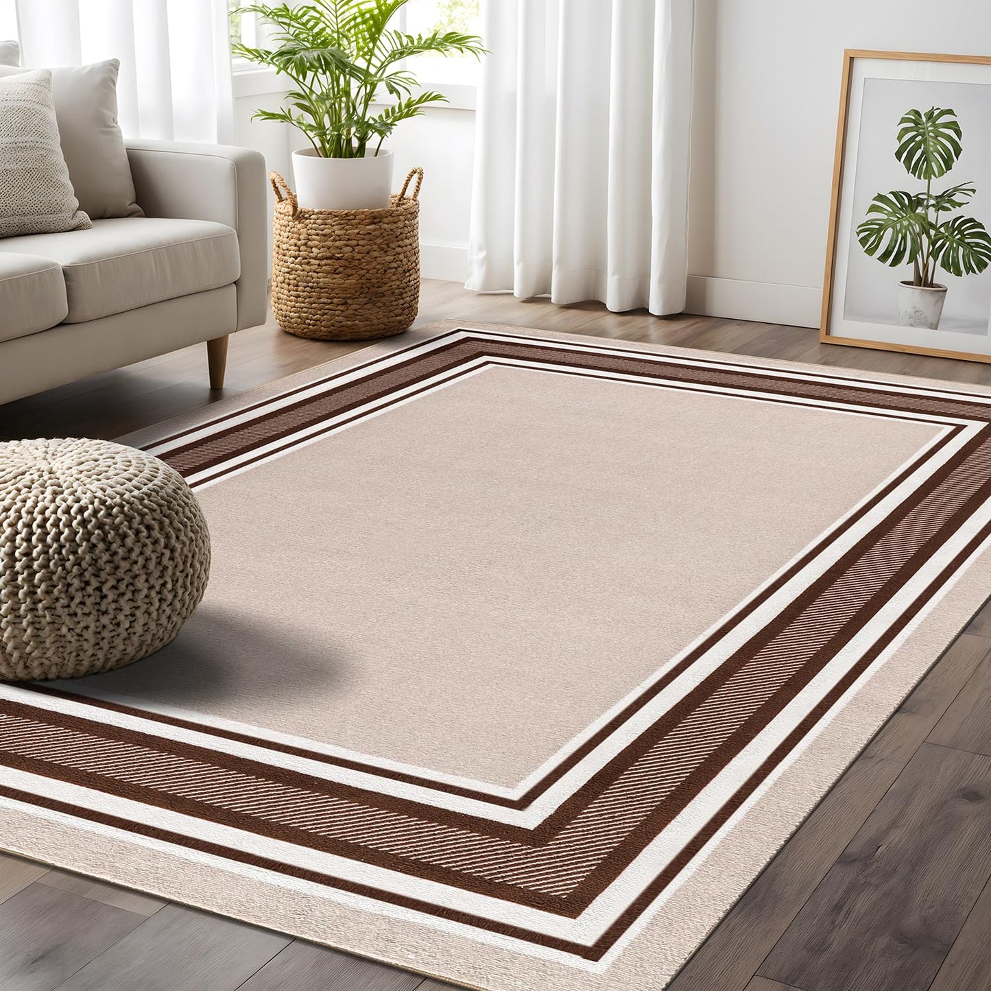 Beverly Rug Non Slip Area Rugs 3x5 Modern Bordered Non Skid Rubber Backing Soft Area Rug for Living Dining Room Easy to Clean Non Shedding Kitchen Bedroom Indoor Carpet 3 x 5 Beige-Brown