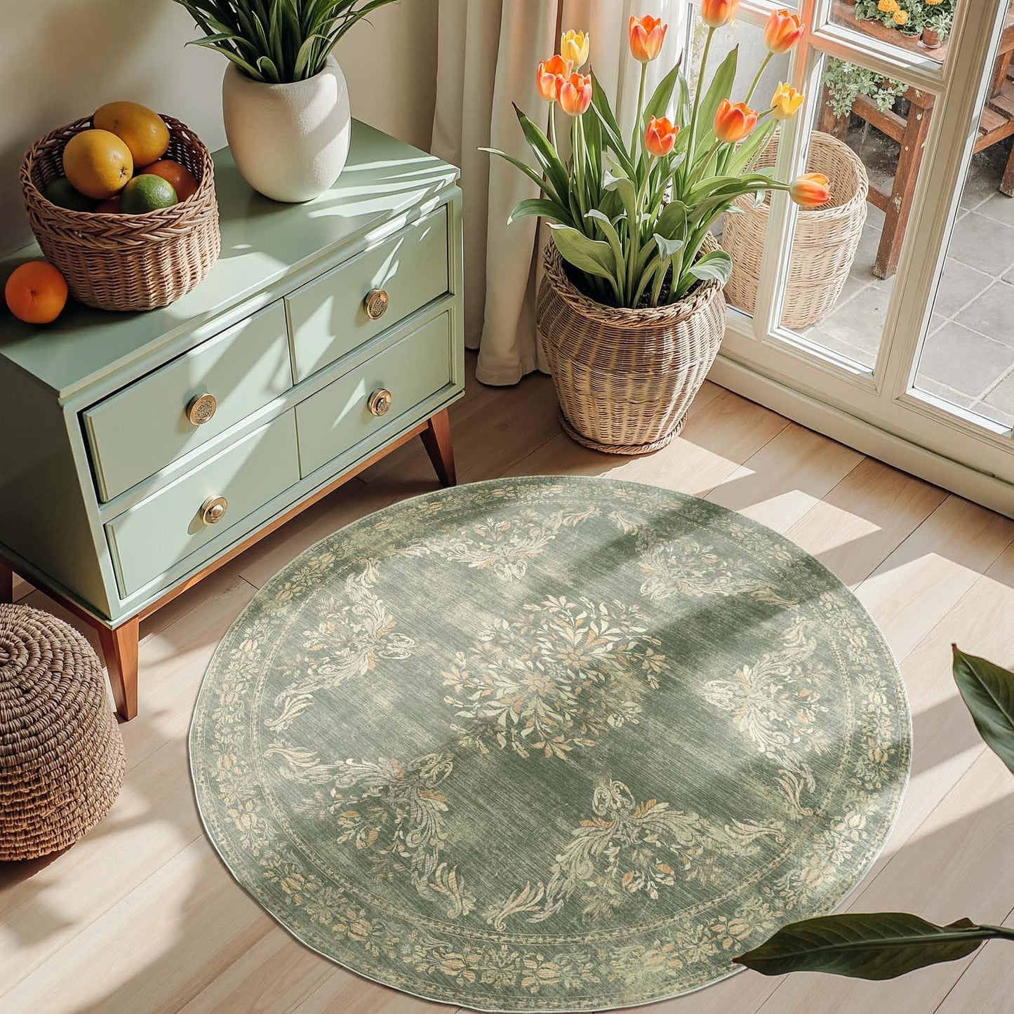 jinchan Round Rug 4ft Area Rugs Vintage Floral Distressed Design,Machine Washable Soft Non-Slip Low-Pile Ultra-Thin Circle Rug for Entryway Bedside Living Room Kitchen Nursery (4' Round,Dark Green)
