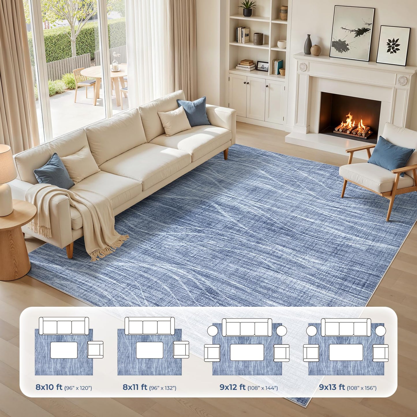 WITSHOCK 9x12 Area Rug, Washable Rugs for Living Room, Large Rug Thin Carpet Non Slip Stain Resistant Soft Carpets, Modern Wave Striped Rugs for Bedroom Dining Room Office Kitchen Nursery, Blue
