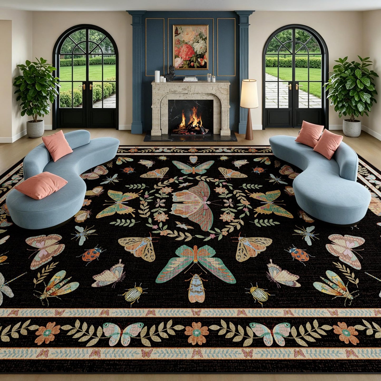 Unirea 8x10 Black Area Rug for Living Room Bedroom Under Bed, Large Washable Boho Insect Bug Rug, Non Silp Dining Room Under Table, Thin Soft Low Pile Stain Resistant Carpet for Home Office