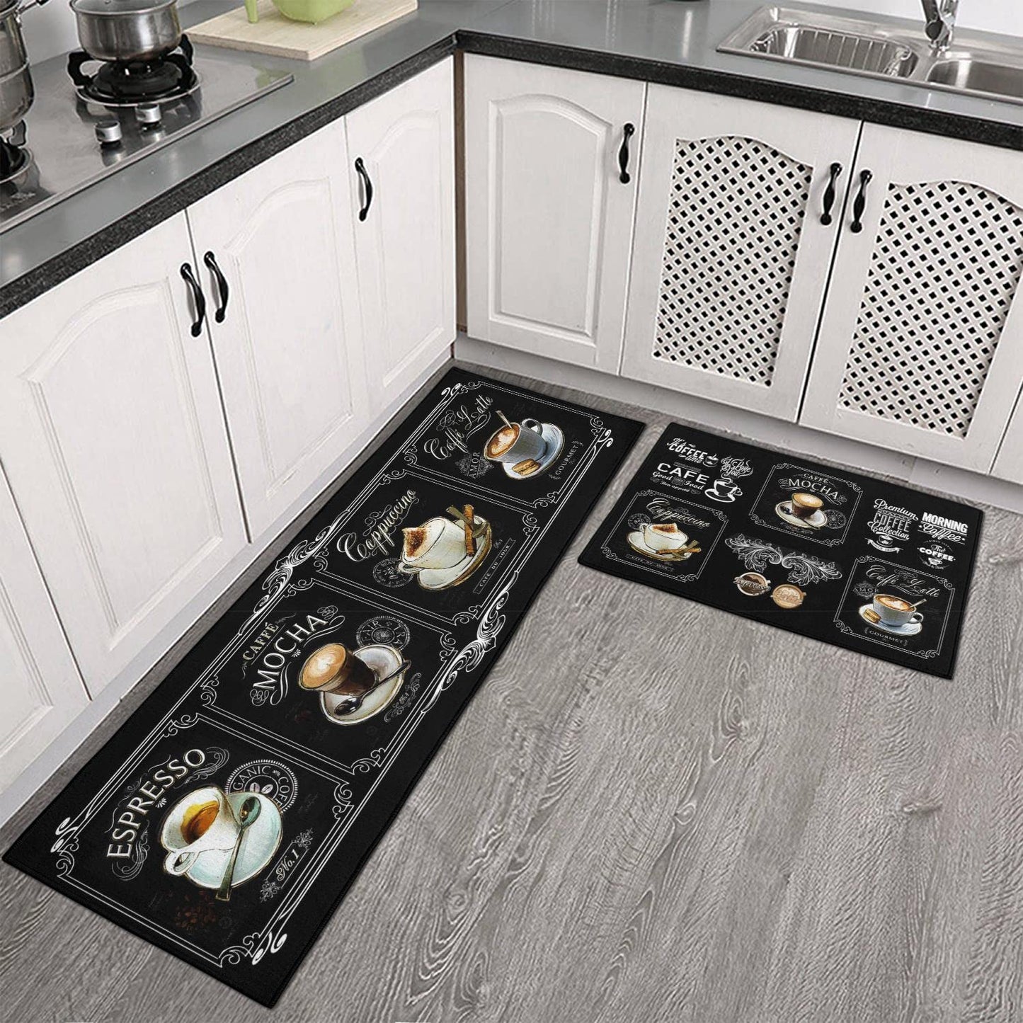 Faptoena Black Coffee Kitchen Rugs and Mats Set of 2 Coffee Cup Latte Mocha Art Decoration Non Slip Super Absorbent Kitchen Sink Mats Waterproof and Washable Runner Rugs for Laundry Room