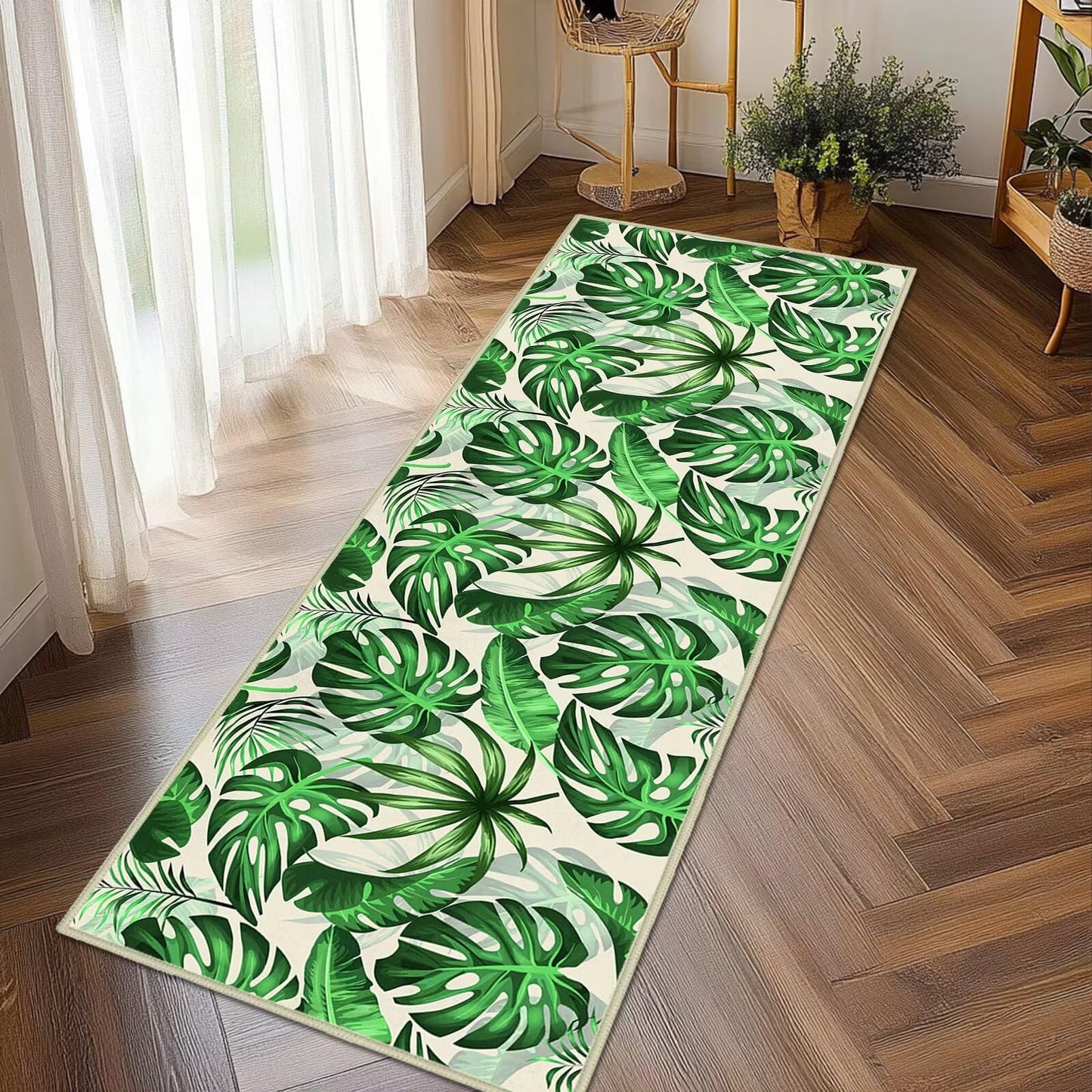 Green Leaf Runner Rug 2x6 for Hallways,Botanical Print Floor Carpet Washable Kitchen Runners Plant Leave Print Hallway Rugs Green Entrance Door Mat Non Slip Floor Area Rugs for Bedroom,Bedside