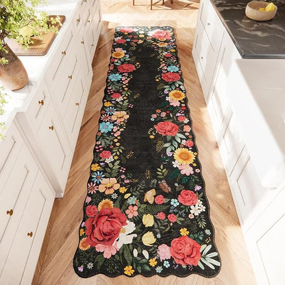 Kitchen Rug Runners for Hallways: 2'6''x10' Washable Runner Rugs for Kitchen Ultra Thin Stain Resistant Non Slip Low Pile Lightweight Vintage Floral Carpet for Farmhouse Decor (Black)