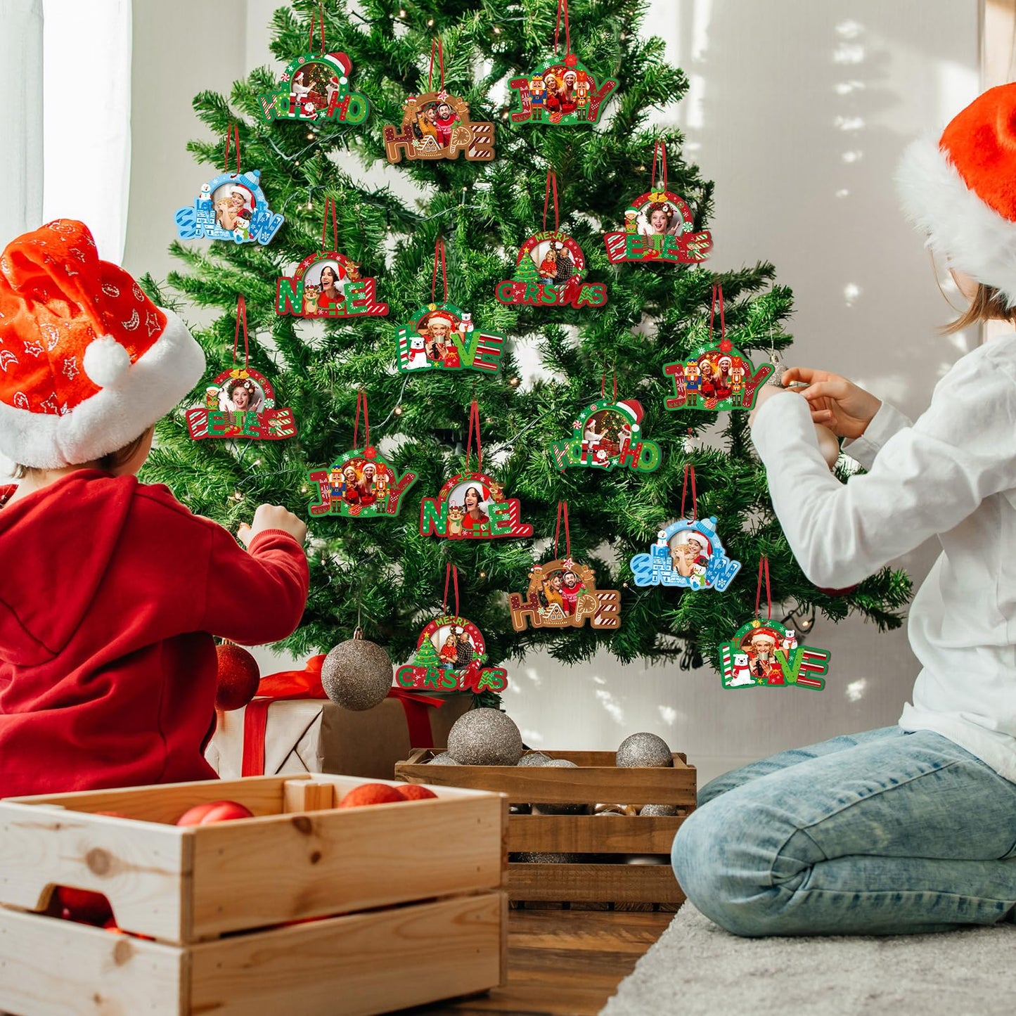Yalikop 16 Pcs Christmas Photo Frame Ornaments Wooden Nutcrackers Santa Snowman Snowflake Picture Frame Tree Decoration DIY Photo Keepsakes for Xmas Party Decorations Winter (Wishes)