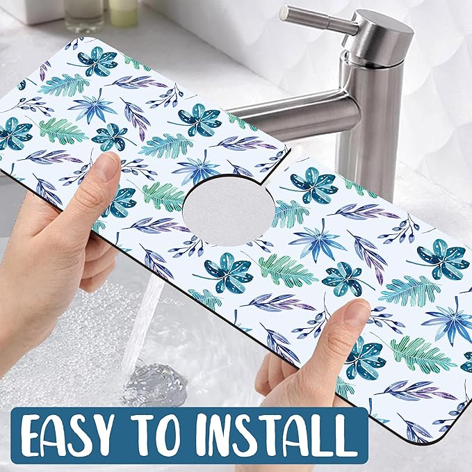 Watercolor Leaves Sink Splash Guard Faucet Mat Tropical Leaves Super Absorbent