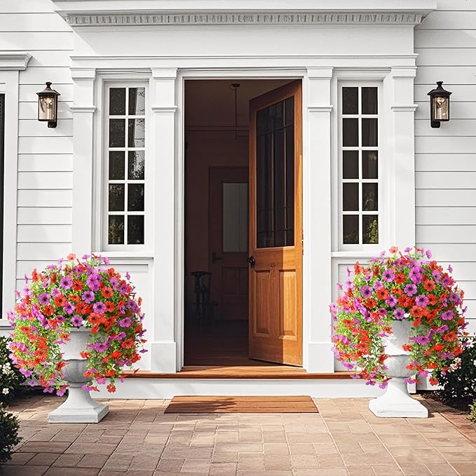 Artificial Fake Flowers Plants for Outdoor Spring Summer Decoration, 2PCS Faux Daisy Silk Flower Outside No Fade UV Resistant Realistic Home Decor for Porch Patio Balcony Window Box(Red Purple)