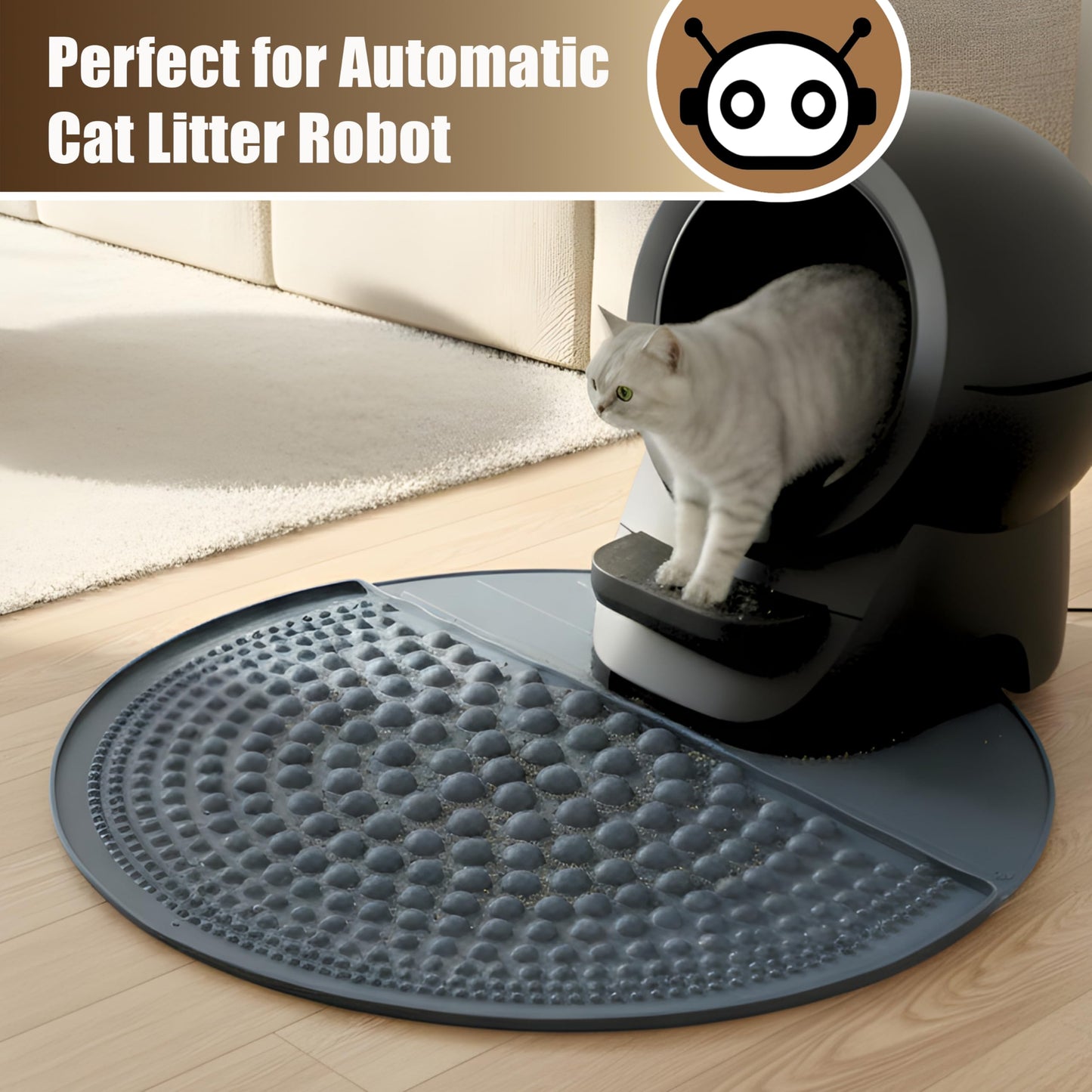 PetPals Silicone Cat Litter Trapping Mat,32" Round Waterproof & Non-Slip Litter Catcher, Self-Cleaning Litter Box Mat, Large Litter mat for Automatic Litter Box, Grey
