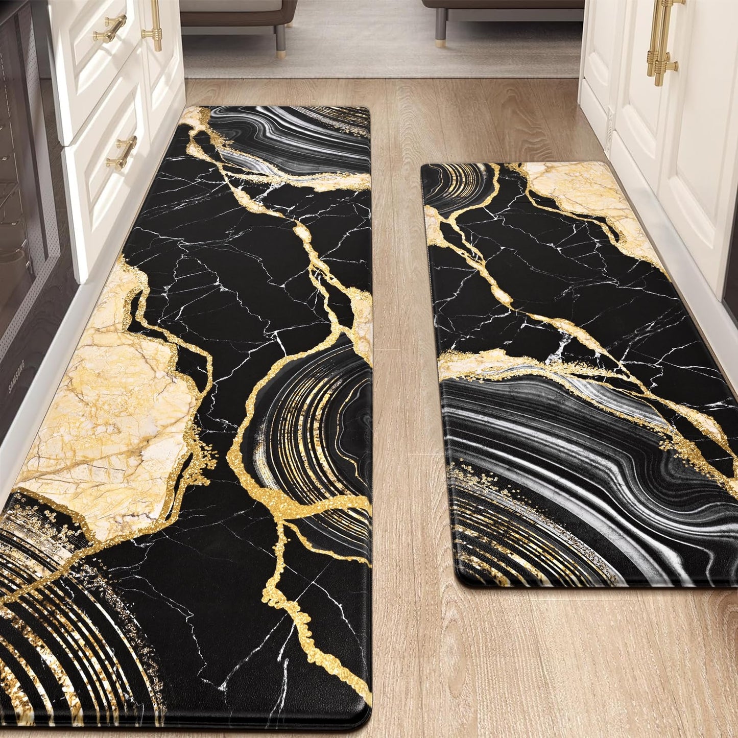 ASPMIZ 2 Piece Marble Kitchen Runner Rugs Set, Anti Fatigue Cushioned Kitchen Floor Mats, Black Gold Marble Kitchen Rugs Non Slip, PVC Waterproof Kitchen Mats for Sink, 18'' x 48'' + 18'' x 60''