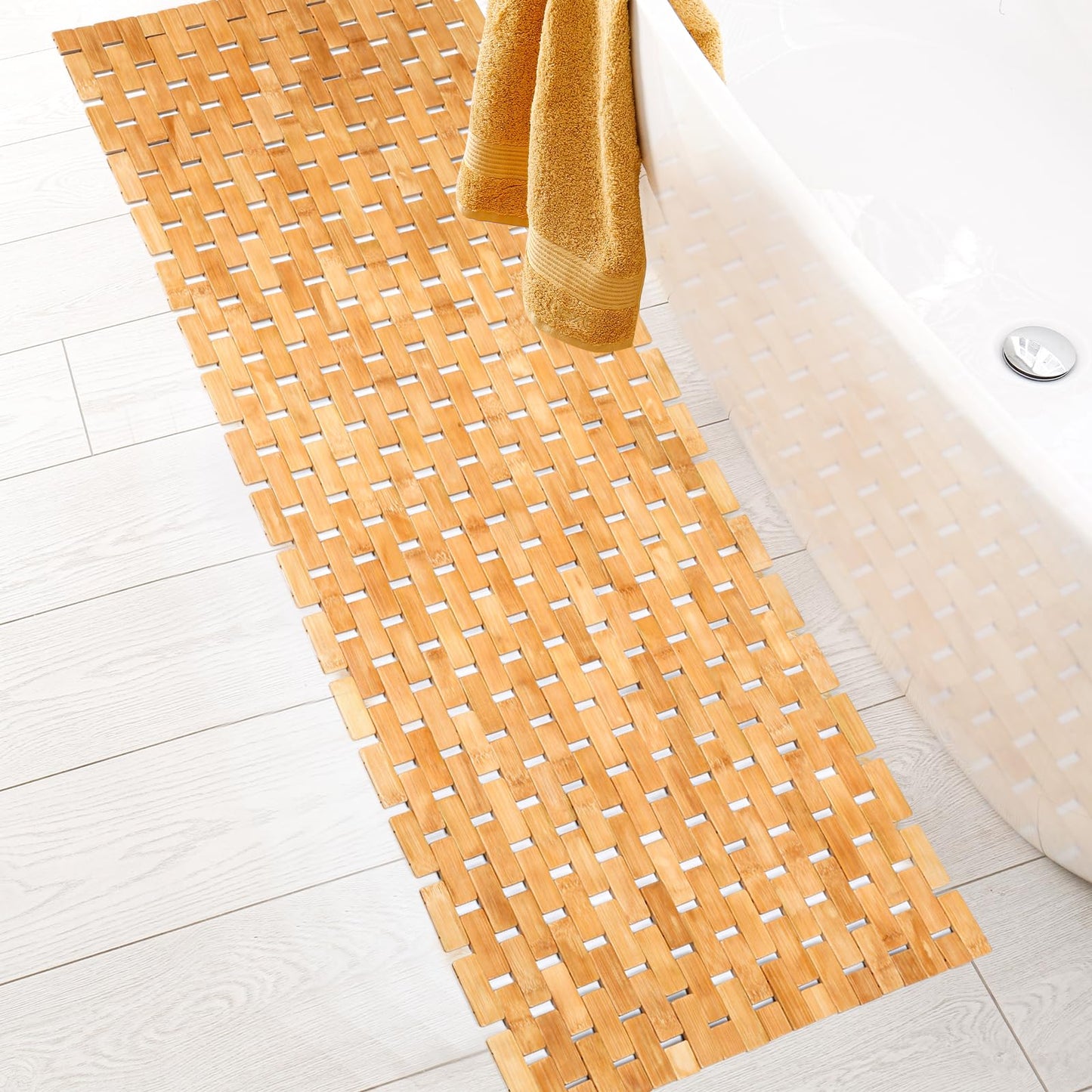 Bamboo Bath Mat Large Long Wood Bath Mat,16x48 Inch Non Slip Bamboo Shower Floor Mat Wooden Bathroom Mat for Bathtub,Spa,Door,Sauna or Outdoor (Natural Lattice)
