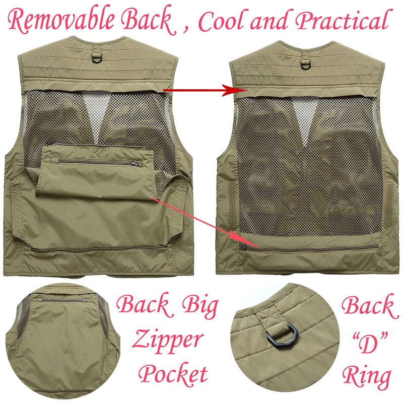 Flygo Men's Casual Lightweight Outdoor Fishing Work Safari Travel Photo Cargo Vest Jacket Multi Pockets(Large, Army Green)