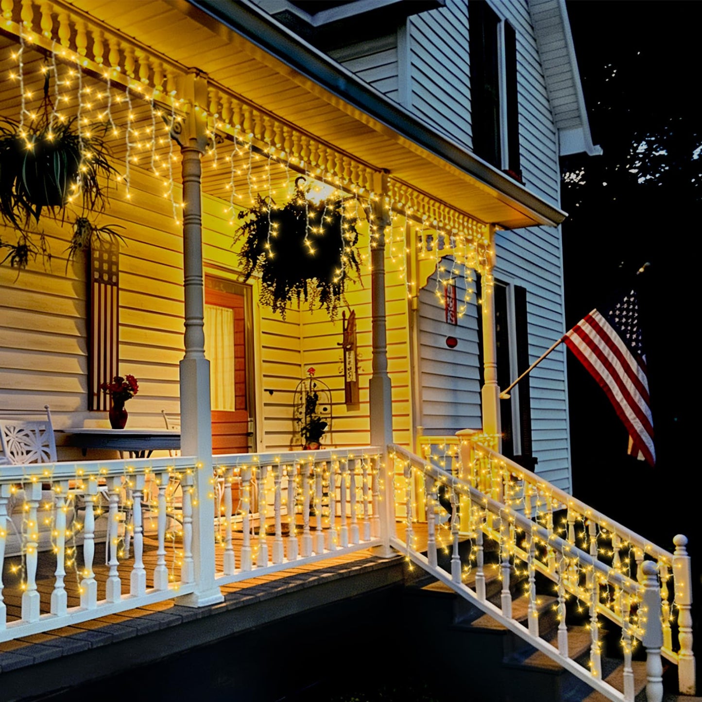 QITONG Warm White Icicle Lights for Outside, 33ft 400 LED String Lights Indoor with 8 Modes, Clear Wire Connectable Icicle Christmas Light Plug in