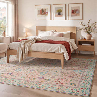Goideal Pale Pink Rug for Girls Room, 4x6 Floral Washable Area Rug Non Slip, Boho Low Pile Carpet with Rubber Backing for Bedroom Living Room Bathroom Playroom Nursery Office
