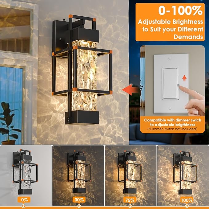 1 Pack Dusk to Dawn Outdoor Lighting Fixtures Wall Mount, Dimmable Exterior Front Porch Lights for Outside, Sensor Wall Lantern Lamps Waterproof, Black Lights with Orange Interface for House, Garage