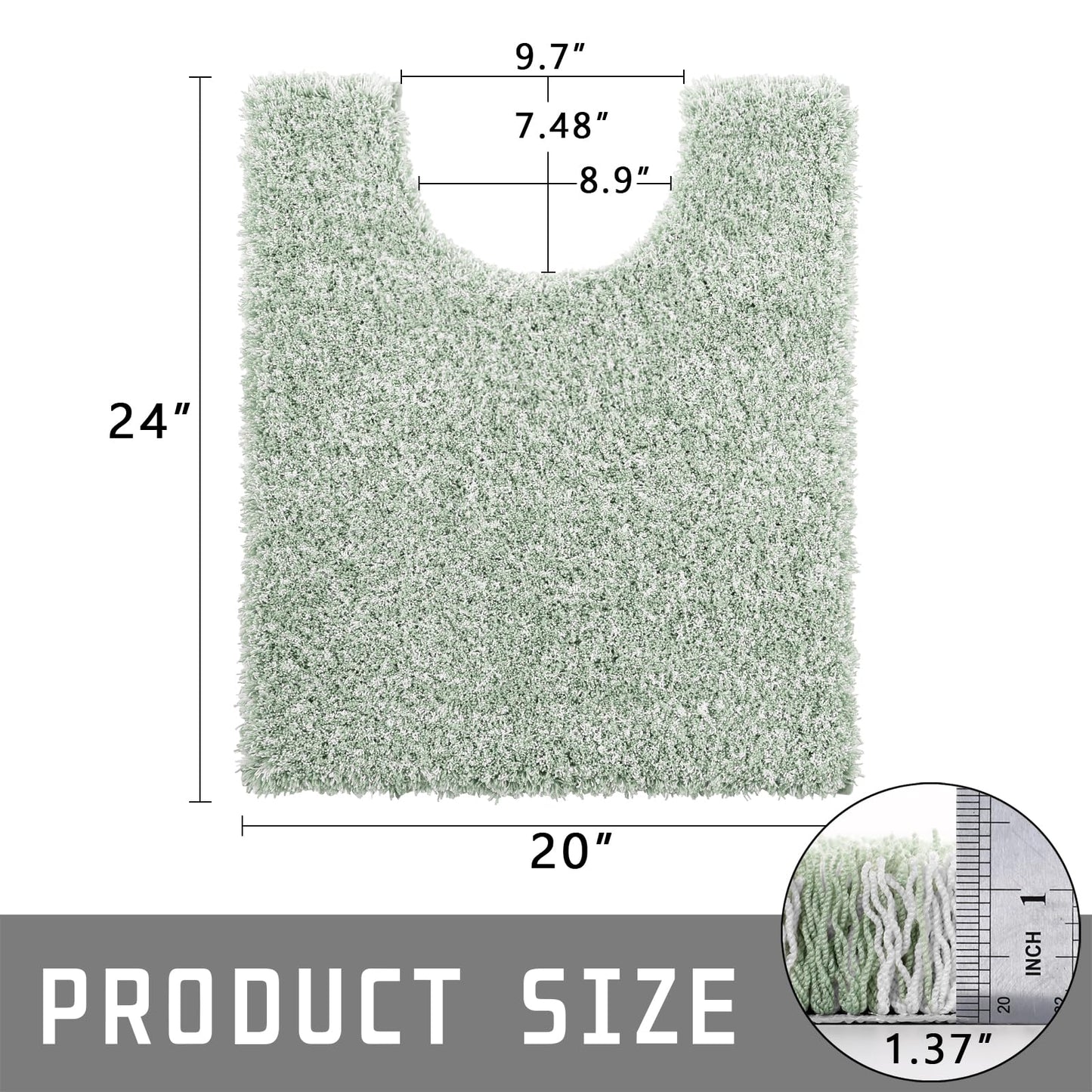 Yimobra Toilet Rugs U Shaped Washable 24X20, Ultra Soft and Water Absorbent Bath Mats, Non Slip Fluffy Shaggy Luxury Microfiber Contour Bath Rugs for Toilet, Dry Quick, Light Green and White