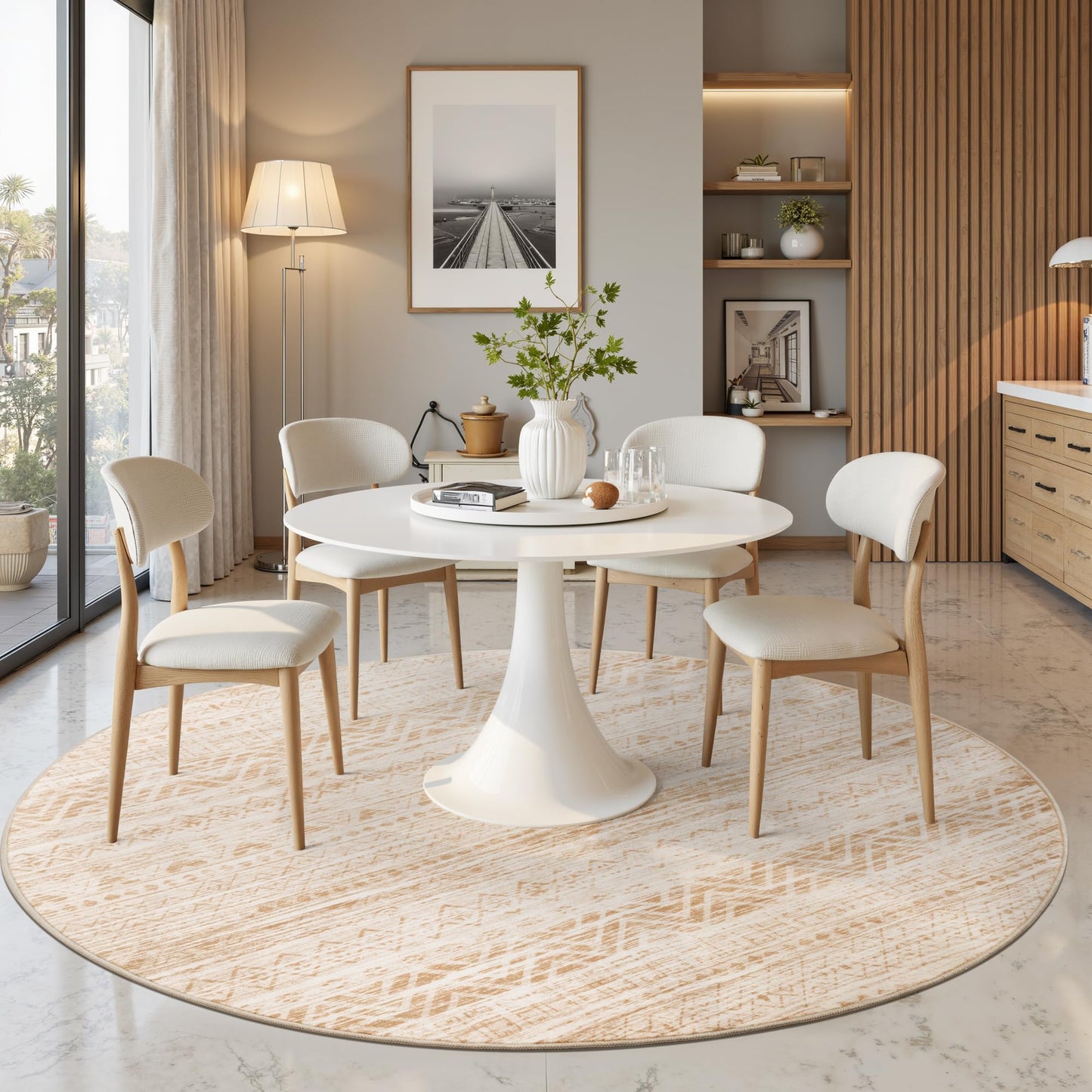 Miukiki Round Rugs 6ft for Living Room Moroccan Washable Circle Rug Non Slip Indoor Floor Carpet Foldable Area Rug for Dining Room with Low Pile(Beige,6'x6')