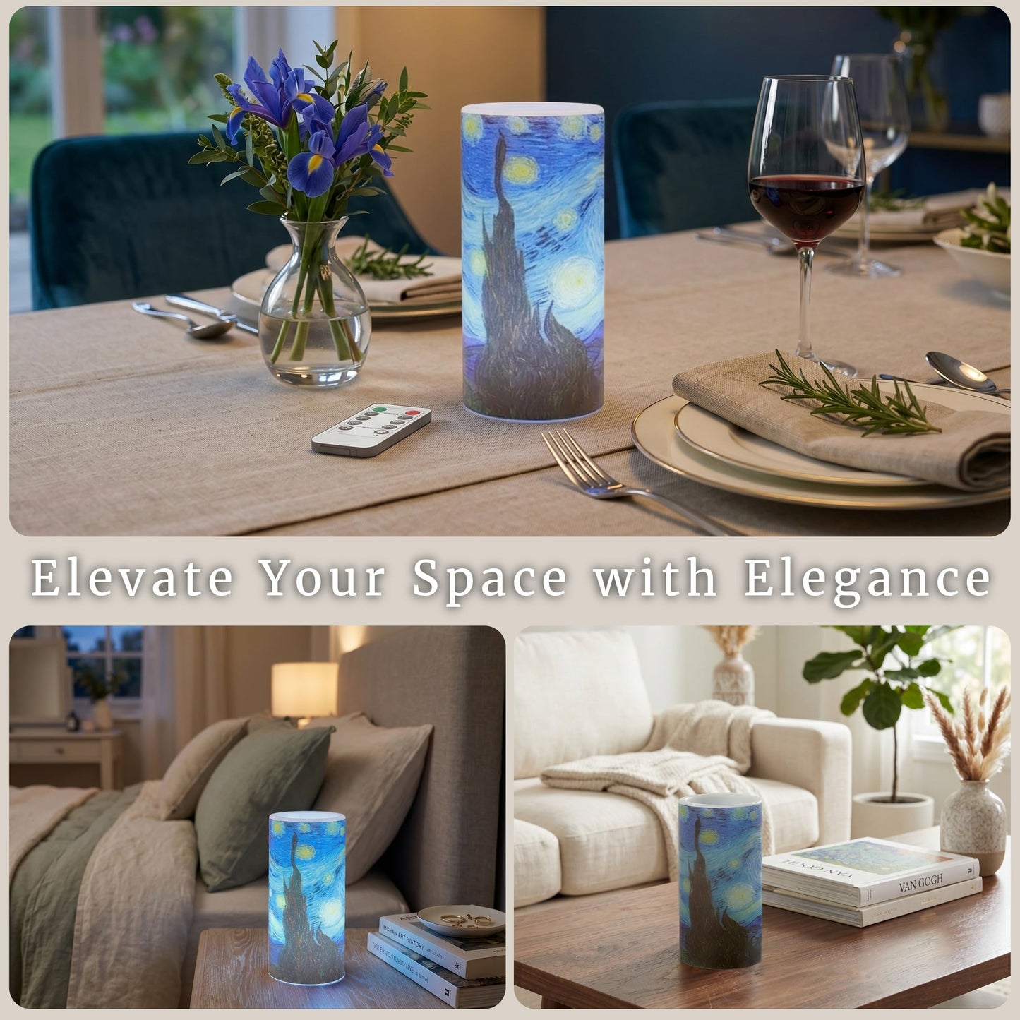 Lavish Home Flameless Candles -Van Gogh Starry Night Battery Operated Candles with Remote and Flickering Light for Home Décor