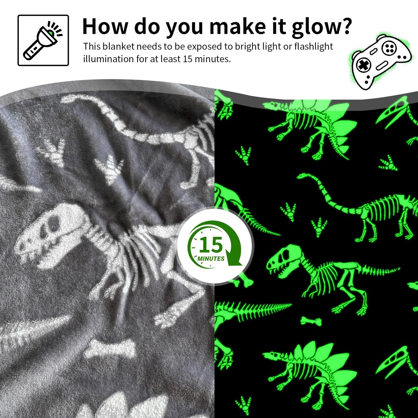 TEHALK Dinosaur Glow in The Dark Blanket for Boys/Girls/Toddler/Baby, Dinosaur Toys for Boy Age 3-12, Cute Funny Kids Throw Blanket for Birthday/Gifts 40"x 60"