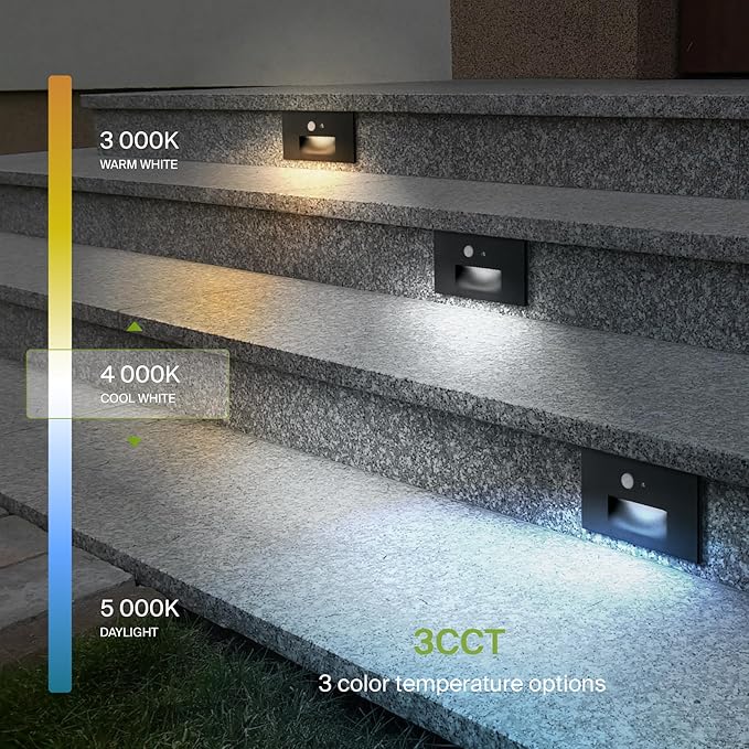 ASD LED Recessed Step Light Fixture, Dusk to Dawn Outdoor Tread Lighting | 3CCT, Motion Sensor, Photocell, Waterproof, ETL Listed | 3W 120LM 3000K-5000K 120V | Staircase Illumination | Black, 4 Pack