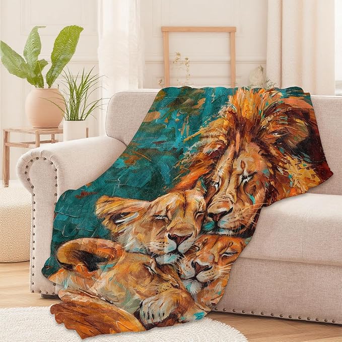 Lion Family Throw Blanket – Wildlife Design, Cozy Warm Flannel Blankets, All Season Use, Men Boys and Animal Lovers Gifts, 50x60in, Sofa Office Dorm Travel RV Farmhouse Decoration
