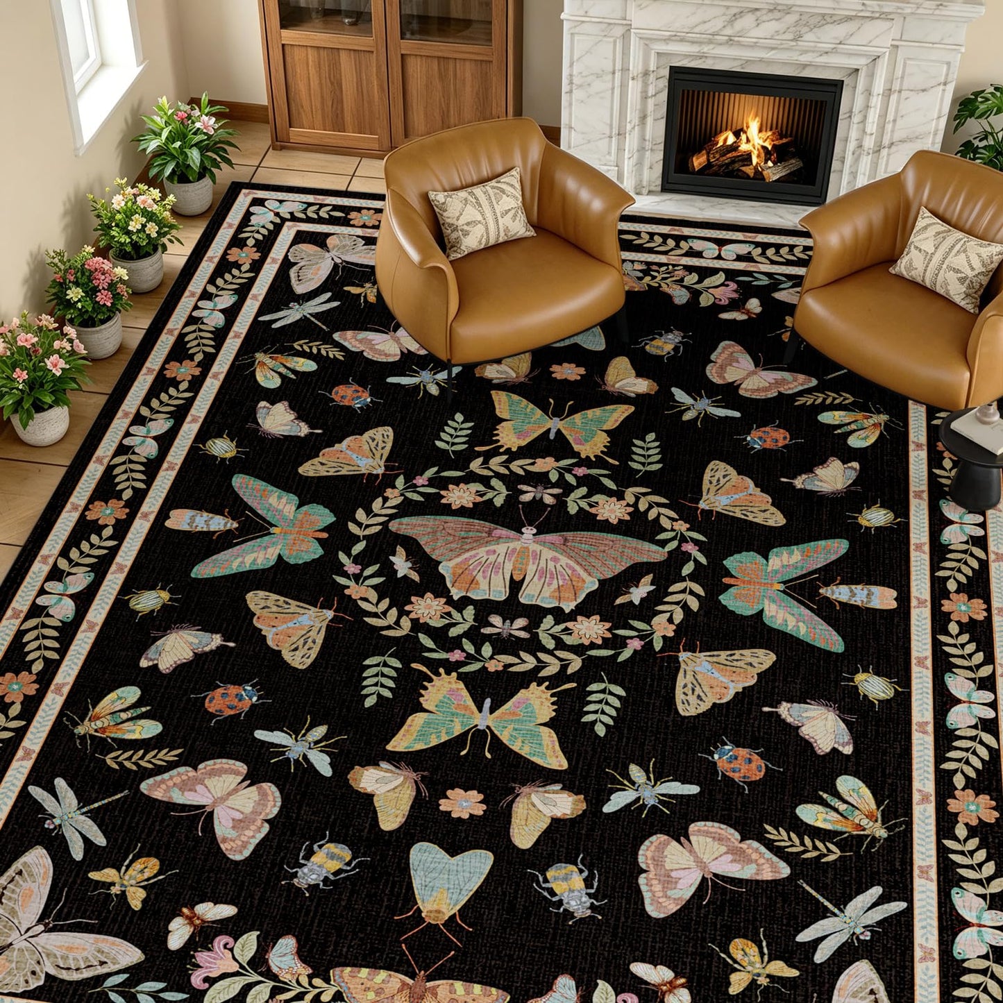 Unirea 8x10 Black Area Rug for Living Room Bedroom Under Bed, Large Washable Boho Insect Bug Rug, Non Silp Dining Room Under Table, Thin Soft Low Pile Stain Resistant Carpet for Home Office