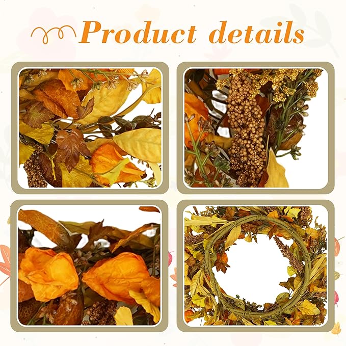 YNYLCHMX 18" Fall Wreaths for Front Door, Artificial Autumn Wreath with Cape Gooseberry and Ginkgo Leaves for Home Porch Window Wall Farmhouse Decor, Indoor Outdoor, Holiday Decor