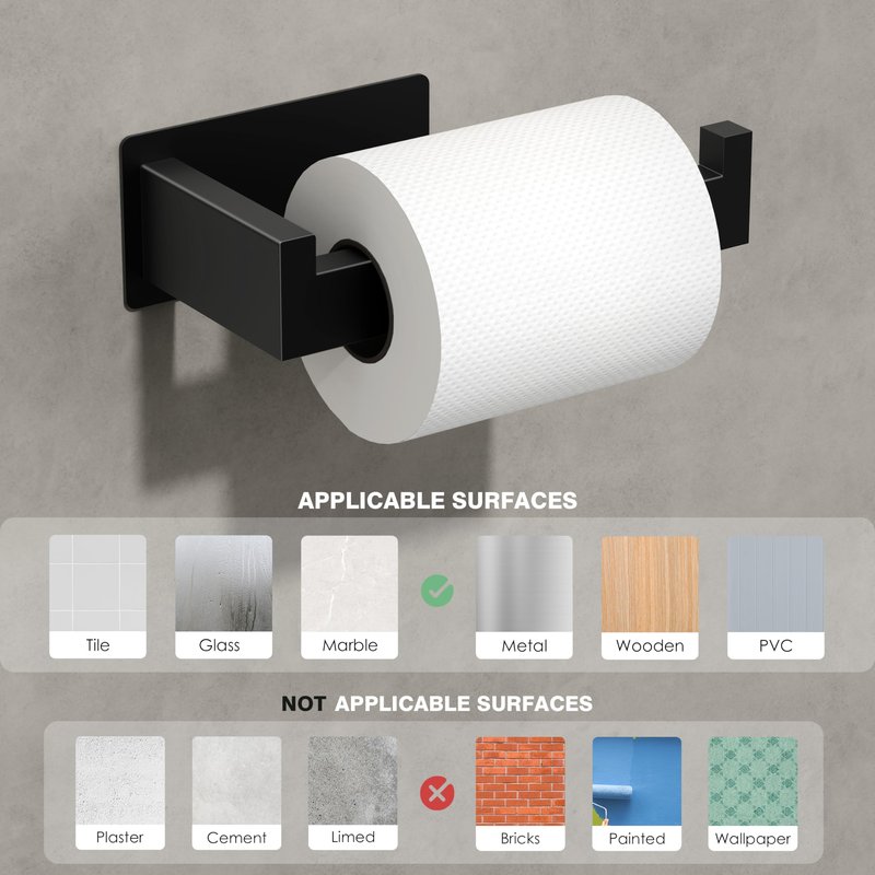 Auxmir Adhesive Toilet Paper Holder, No Drilling Toilet Roll Holder Wall Mount, Premium Thicken SUS304 Stainless Steel, Rustproof Toilet Tissue Holder for Bathroom Kitchen Washroom RV, Matte Black