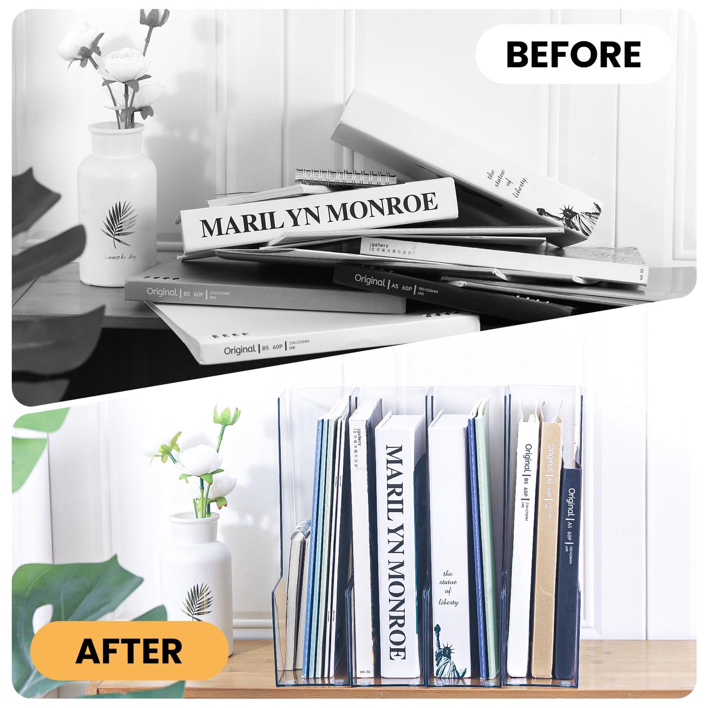 Vertical Magazine File Holder, Clear File Organizer Desk Organizer and Storage Bins Holding for Magazines, Binders, Notebooks, Envelopes, Plastic Office Organization and Storage for Desk, 4 pack
