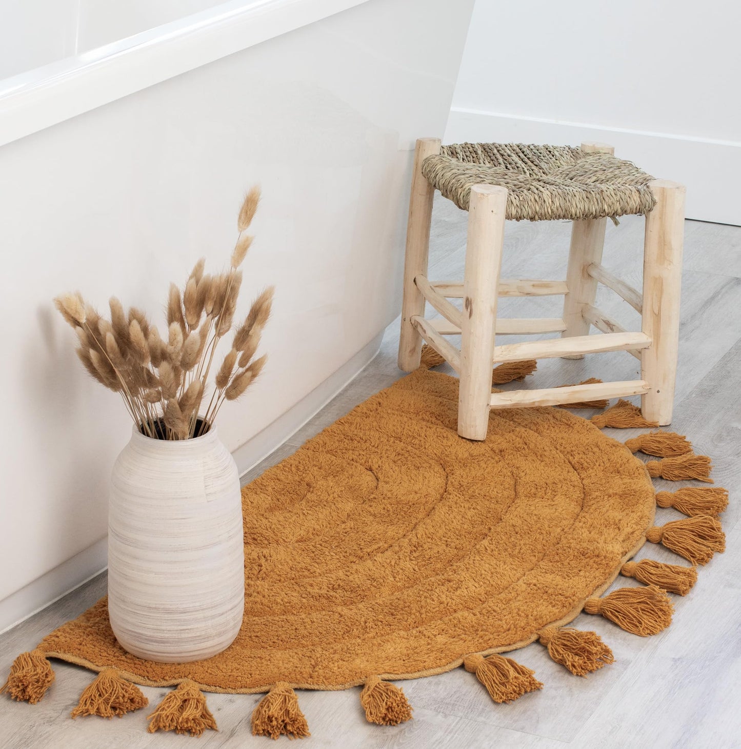 Beautiful Boho Rug with Tassels for Your Bathroom - Soft Half Circle 100% Cotton Mat Fits Perfectly Into Your Home - A Cute, Non-Slip and Absorbent Crochet Rug Ideal to Enhance Any Bath/Bedroom Decor