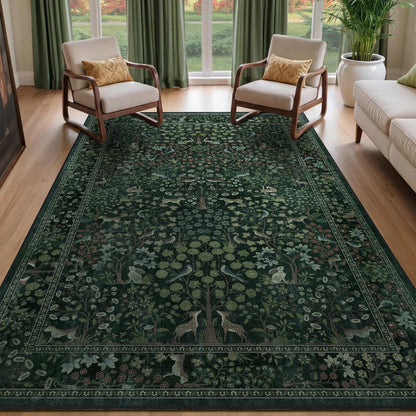 Jainmy Woodland Floral Animal 5x7 Washable Rugs for Living Room, Whimsical Tree of Life Natural Area Rug for Bedroom Nursery, Low Pile Thin Carpet Rugs for Dining Room Home Office Non Slip, Dark Green