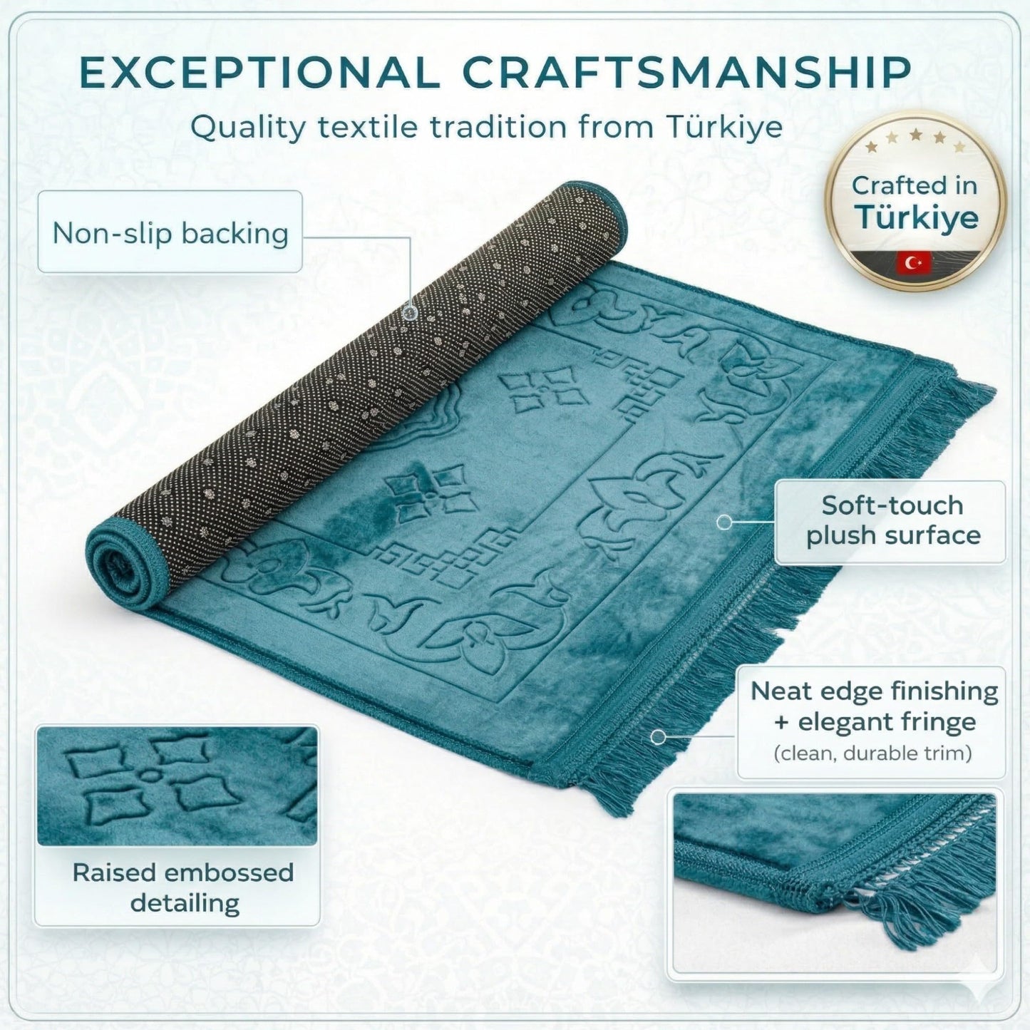 Modefa Muslim Prayer Rug Islam, Soft Plush Velvet Praying Mat Thick Sajadah with Car Hanger | Simple Pattern Solid Not Distracting | 31.5 x 47in Non-Slip Padded Prayer Mat (Mihrab Teal)