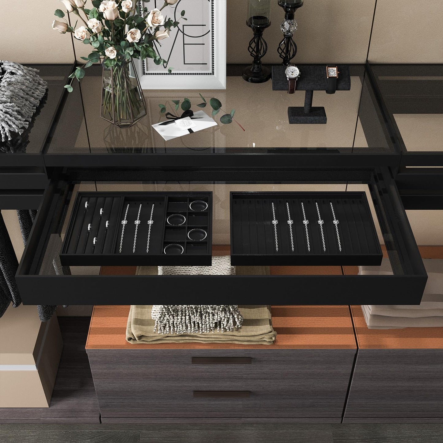 Oirlv Black Leather Jewelry Display Flat Tray Perfume Accessories Trinket Watch/Earring/Ring Storage Organizer