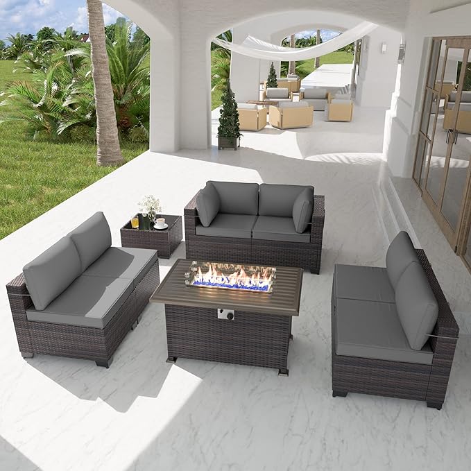 Kurapika 8 Pieces Patio Furniture Set, Rattan Wicker Outdoor Conversation Sets w/43in Propane Fire Pit Table and 4 Inch Cushion(Grey)