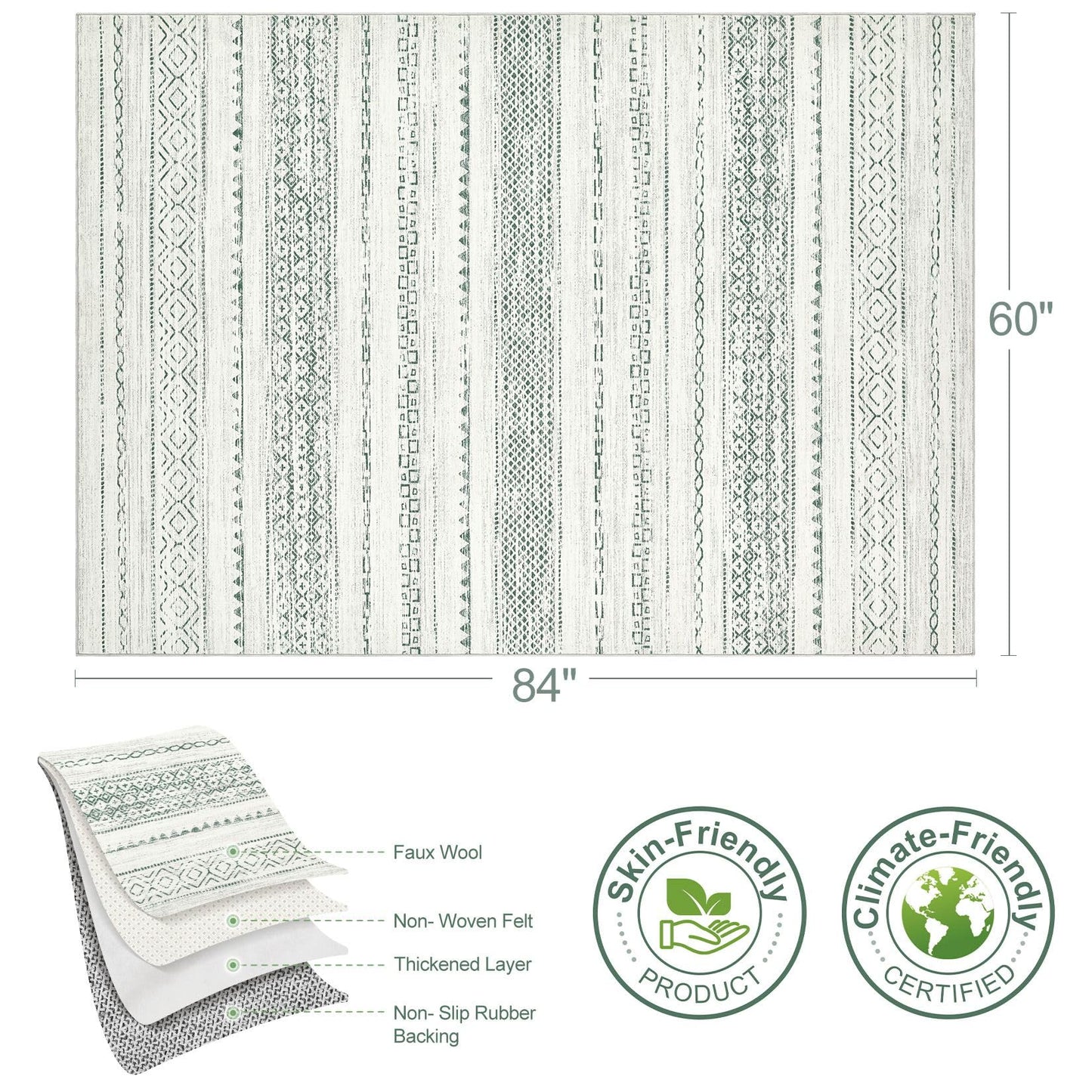 Nakagishi Green Rug Living Room 5x7: Washable Boho Large Neutral Farmhouse Soft Area Rugs Modern Stain Resistant Moroccan Indoor Non Slip Floor Carpet for Bedroom Nursery Kids Playroom Office