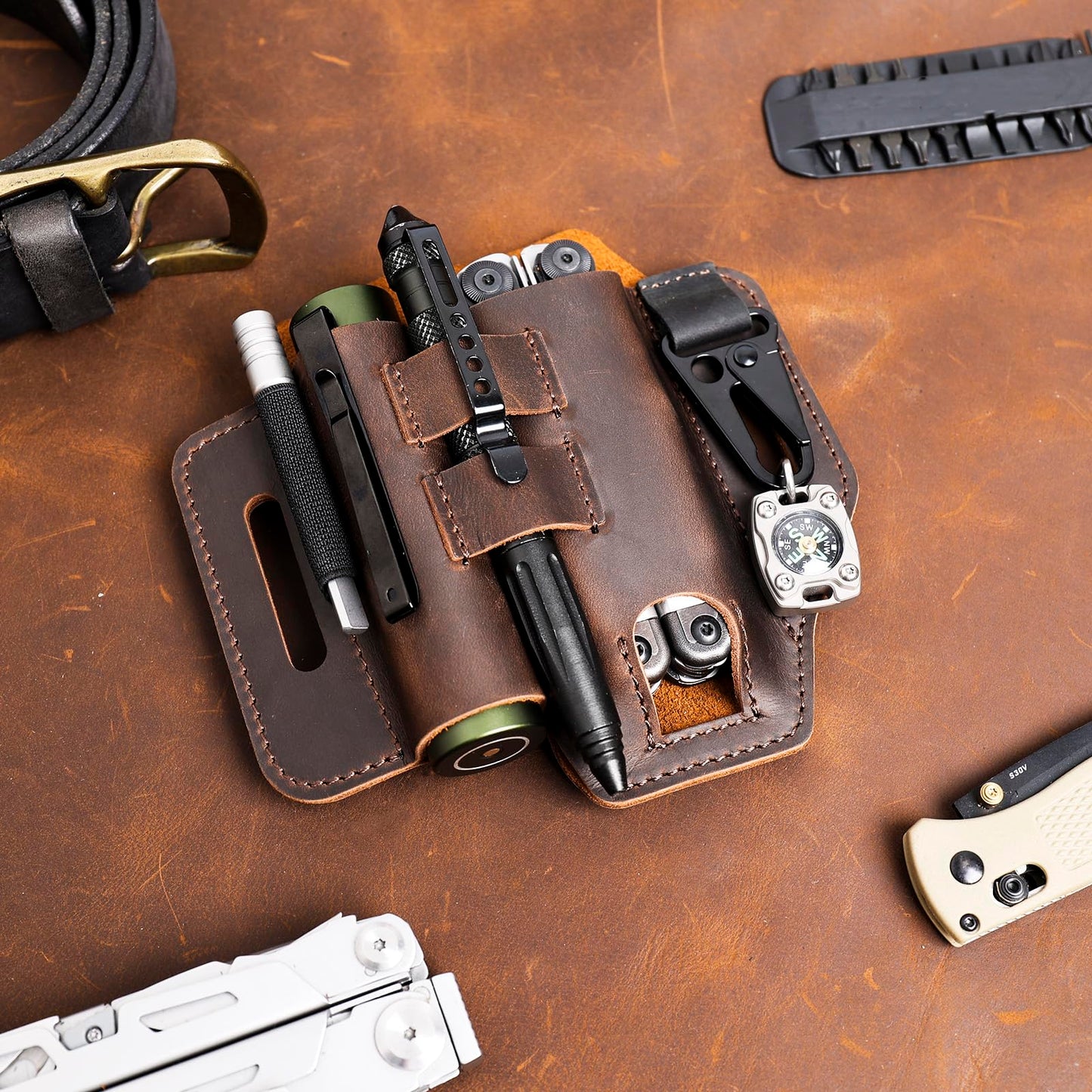 Topstache Multitool Sheath for Belt - EDC Belt Organizer - Leather Multitool Holster with Flashlight Holder, Elastic Band Pen Holder and Keychain Clip - Multitool Holder - Multitool Pouch, Darkbrown