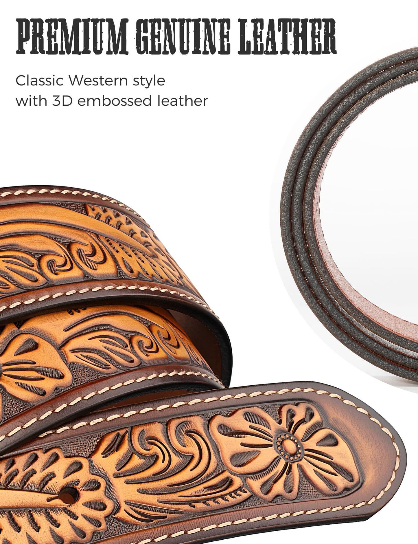 Biybletes Western Cowboy Leather Belt - 1.5" Genuine Leather Country Belt with Durable Buckle (Brown-3, Fit Pants Size 34)