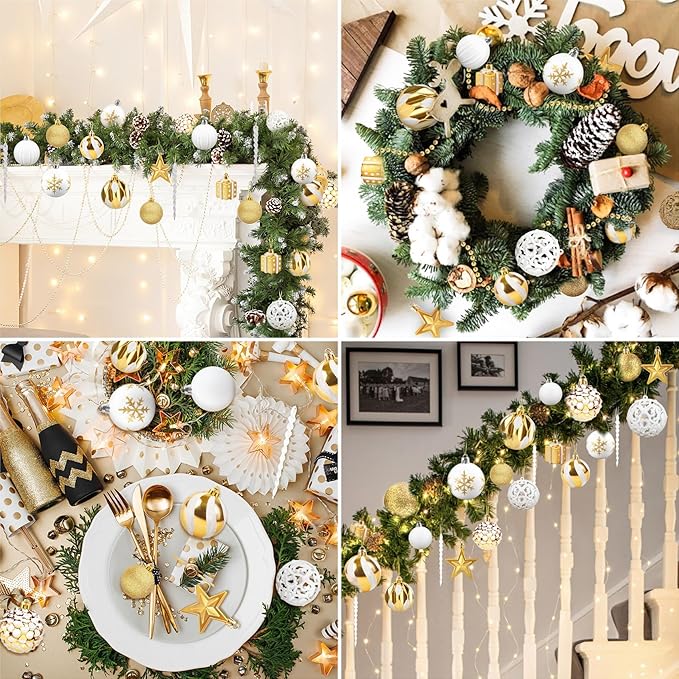 Ouddy Decor 84 Pcs Christmas Tree Ornaments Set, Gold and White Christmas Decorations Shatterproof Plastic Glittery Baubles for Wreath Garland Wedding Party Holiday New Year Home Decor, Gold & White