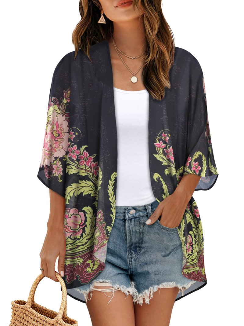Women's Floral Kimono Print Puff Sleeve Loose Cardigan Cover Up Casual Blouse Tops (Black Matcha Green Print, XL)