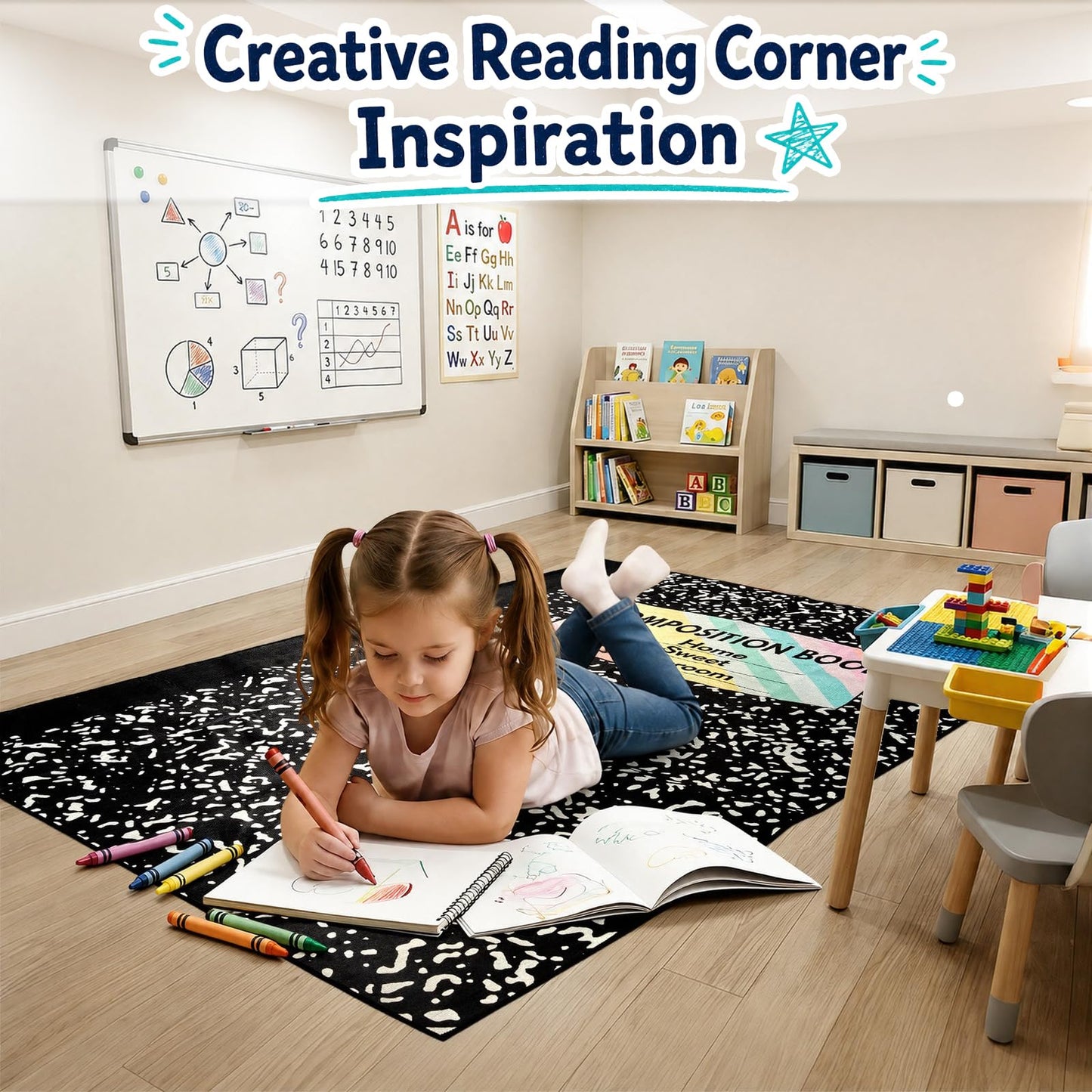 APUDWN Composition Notebook Classroom Rug 7x5 Ft Large Non Slip Educational Area Carpet Soft Back to School Floor Mat Decor for First Day Teacher Party Gift Nursery Playroom Homeschool Reading Corner