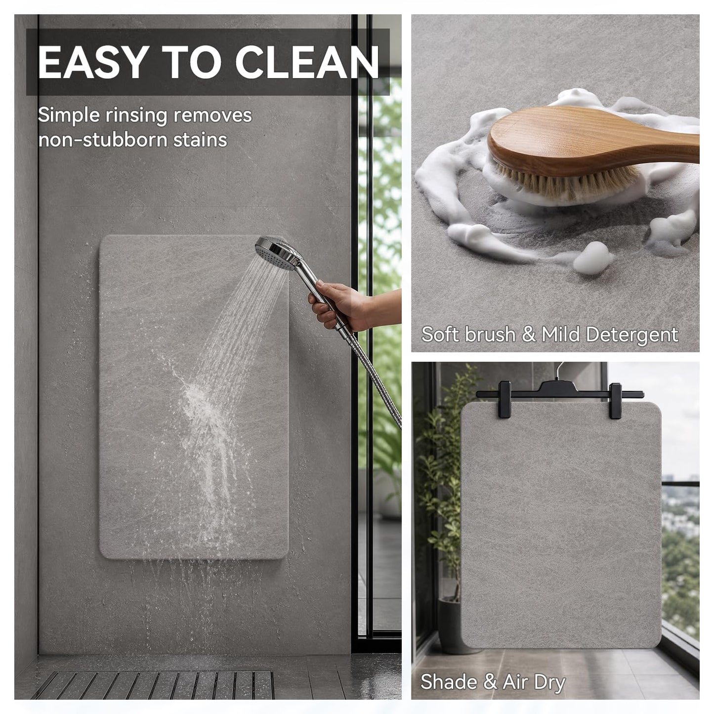 MontVoo -Bath Mat-Rubber Backing Non SlipThin Bathroom Rugs Fit Under Door- Quick Dry Absorbent Faux Suede Surface Grey Bathroom Floor Mats-Shower Rug for in Front of Bathtub Shower Gray 16x24