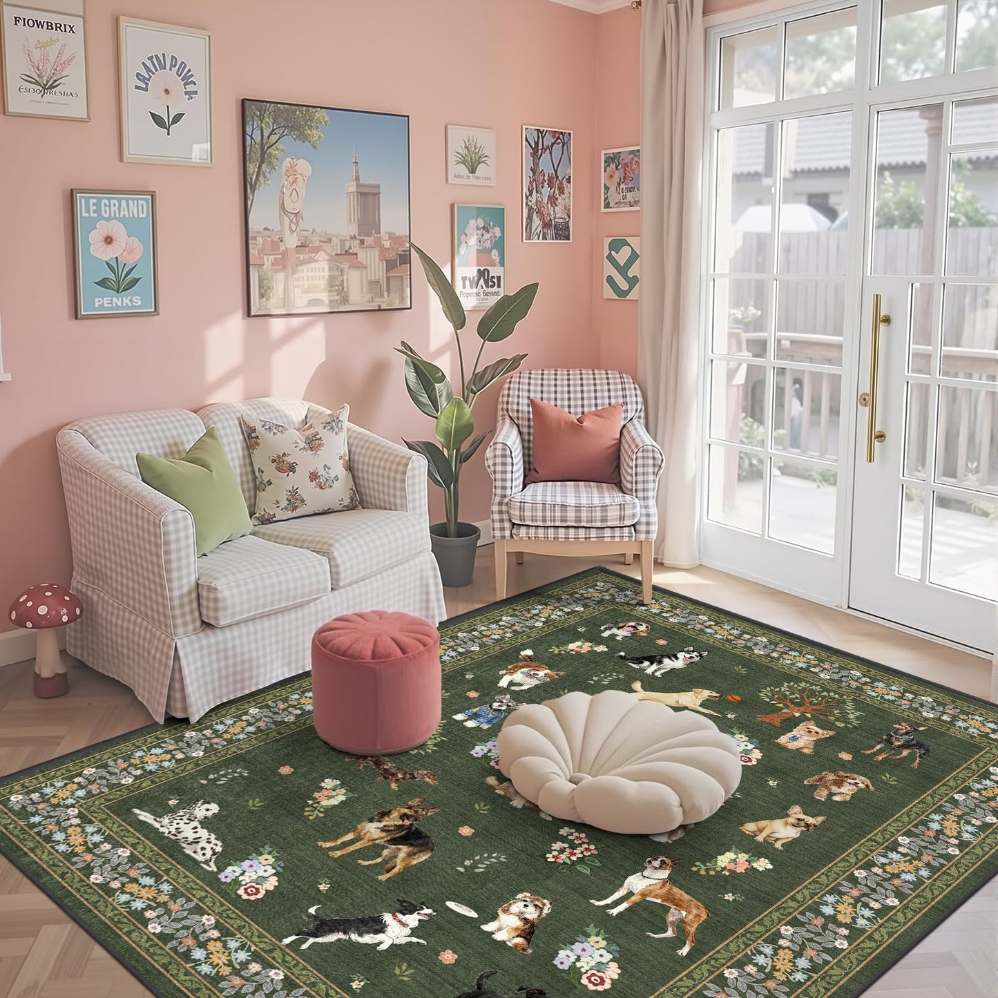 Floral Dog Machine Washable Rug Dark Green, 3x5 Rug Non Slip Soft Bedroom Rugs for Entryway Dorm, Ultra-Thin Rugs for Bedroom Stain Resistan(3 x 5, Dark Green)