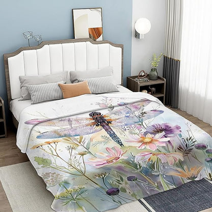 Throw Blanket, Boho Watercolor Dragonfly Throw Blankets for Adult Kids Boys Girls, Wildflowers Decor Gifts for Home Bed Couch 50x60 Inches