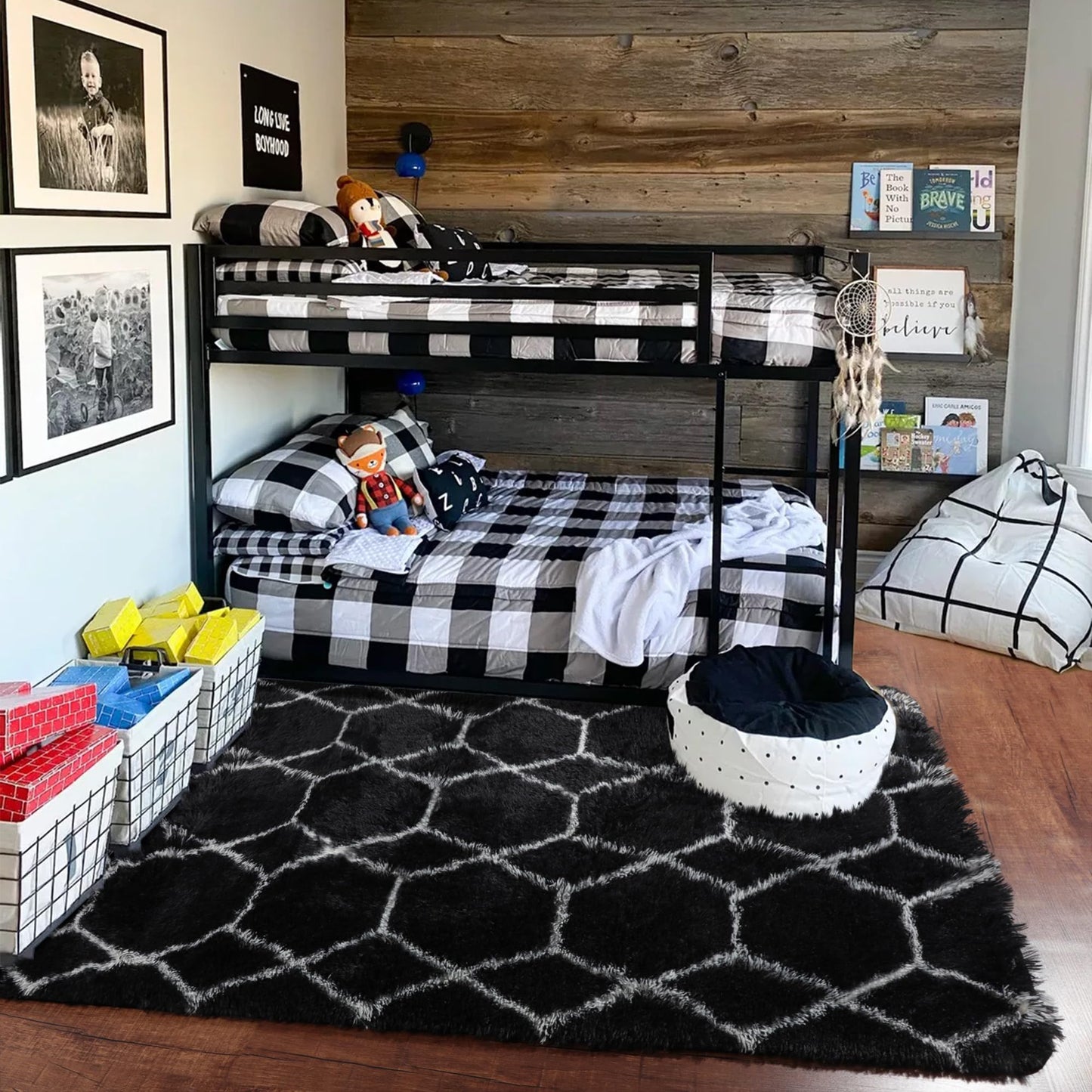 ONASAR Area Rugs for Bedroom Living Room, Fluffy 4x6 Black and White Rug, Geometric Shaggy Plush Bedside Indoor Floor Carpet for Nursery Kids Teens Girls Boys Dorm Home Office Decor