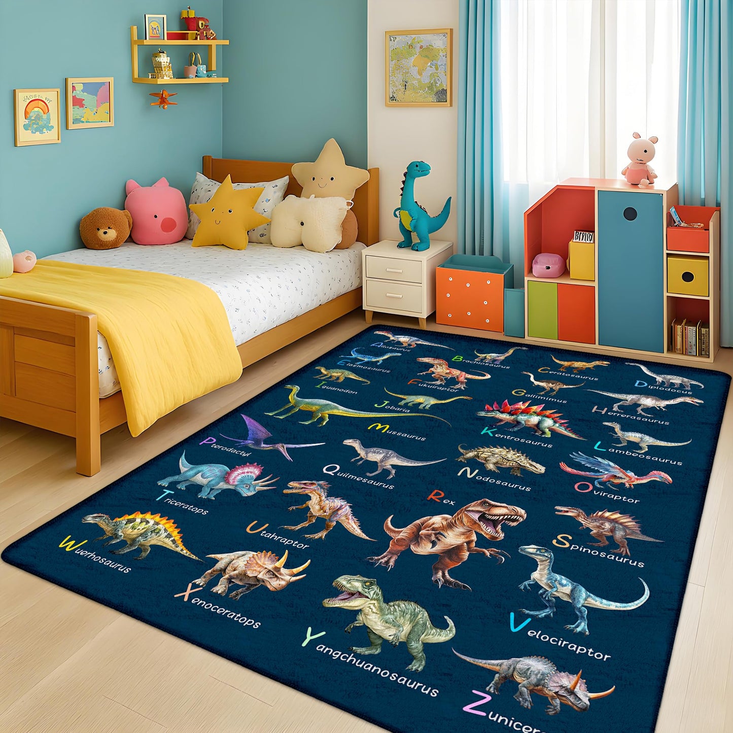 Kids Rugs for Playroom，5x7 Feet Educational Rugs for Learn The ABC Alphabet, Dinosaur Rugs for Boys Bedroom, Soft Machine Washable Non-Slip Carpet for Kids Room, Nursery, Classroom