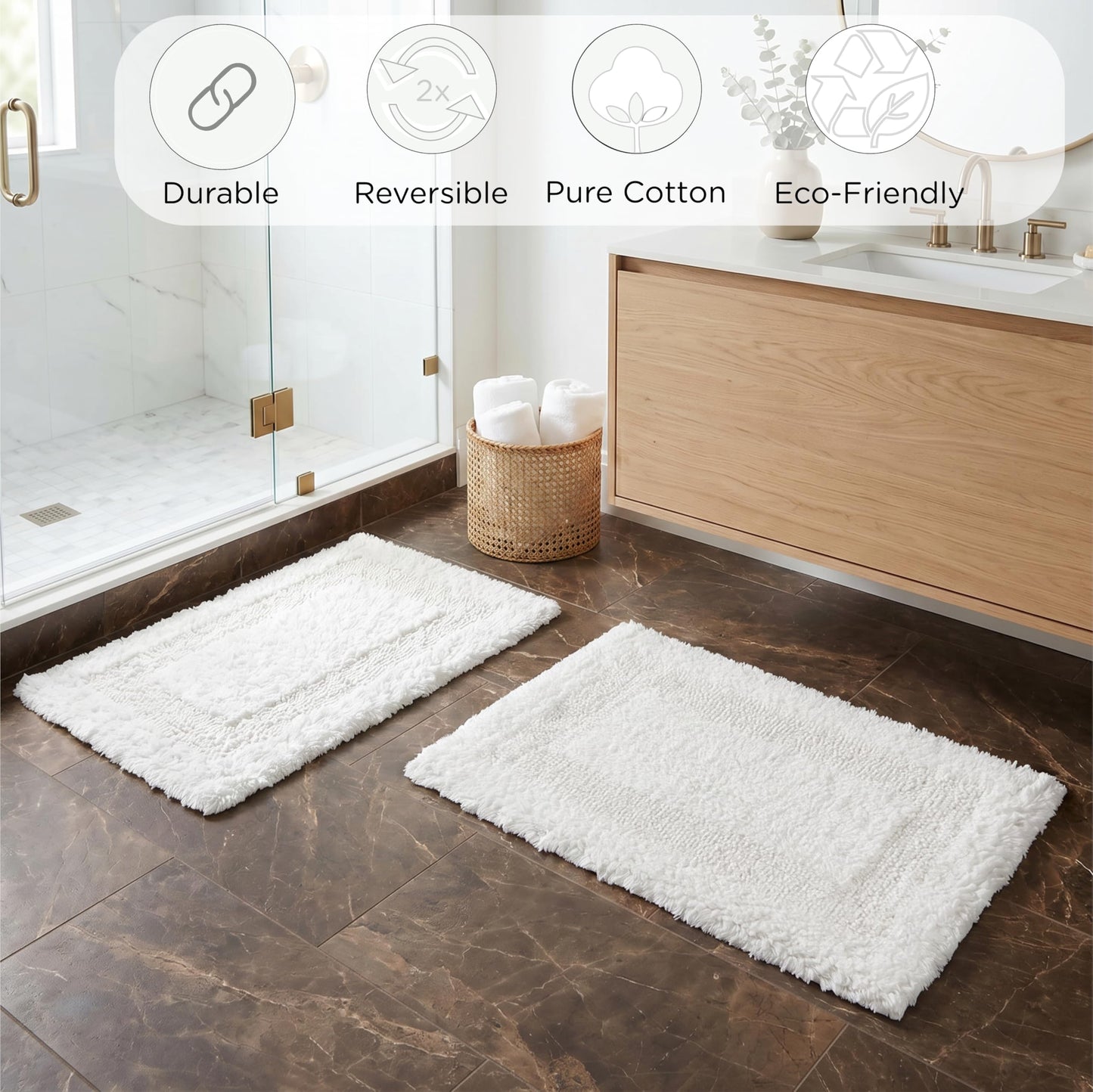 Cotton Reversible Bathmat Set of 2, 17x24 Inches - White, Super Soft Quick Dry Washable Bath Rugs Ideal for Bathroom, Kitchen, Vanity, Shower Area | Plush Soft Spa Style Hotel Quality Floor Mat