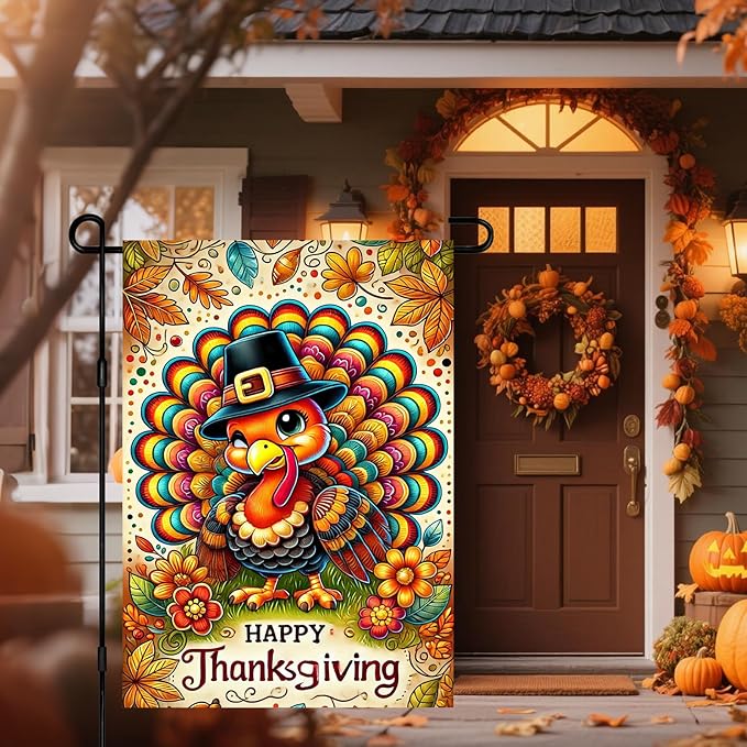 Thanksgiving Garden Flag Cute Turkey Pilgrim Hat 12x18 Inch Seasonals Outdoor Yard Banner Double Sided Fall Autumns Flags Decor For Girls or boys gifts Decrations Flags