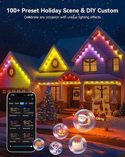 Ollny 100FT 60LED Permanent Outdoor Lights, APP Control RGB Outdoor Lights 100 Scene Modes with Remote, DIY Music Modes Christmas Light for Holiday Xmas Halloween Decorations