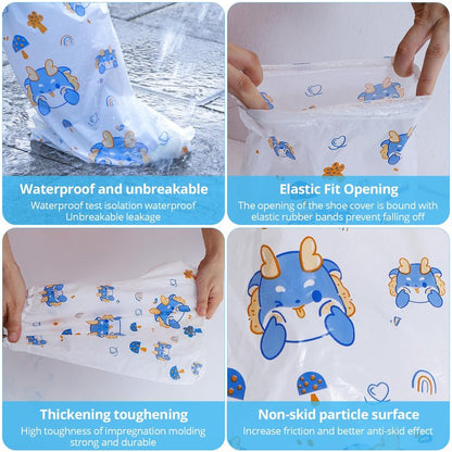 10-Pack Kids' Rain Shoe Covers - Waterproof, Dinosaur Pattern, 13.78×11.02 in, Fits Ages 3-8, Ideal for Rainy Days & Outdoor Activities