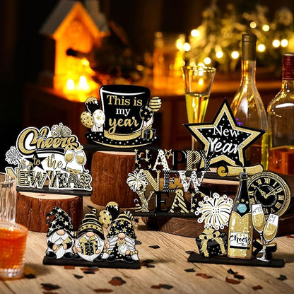 Realspring 6 Pc Happy New Years Table Decorations, New Year 2026 Wooden Table Centerpieces, Black Gold 2026 Party Supplies, Eve Party Supplies